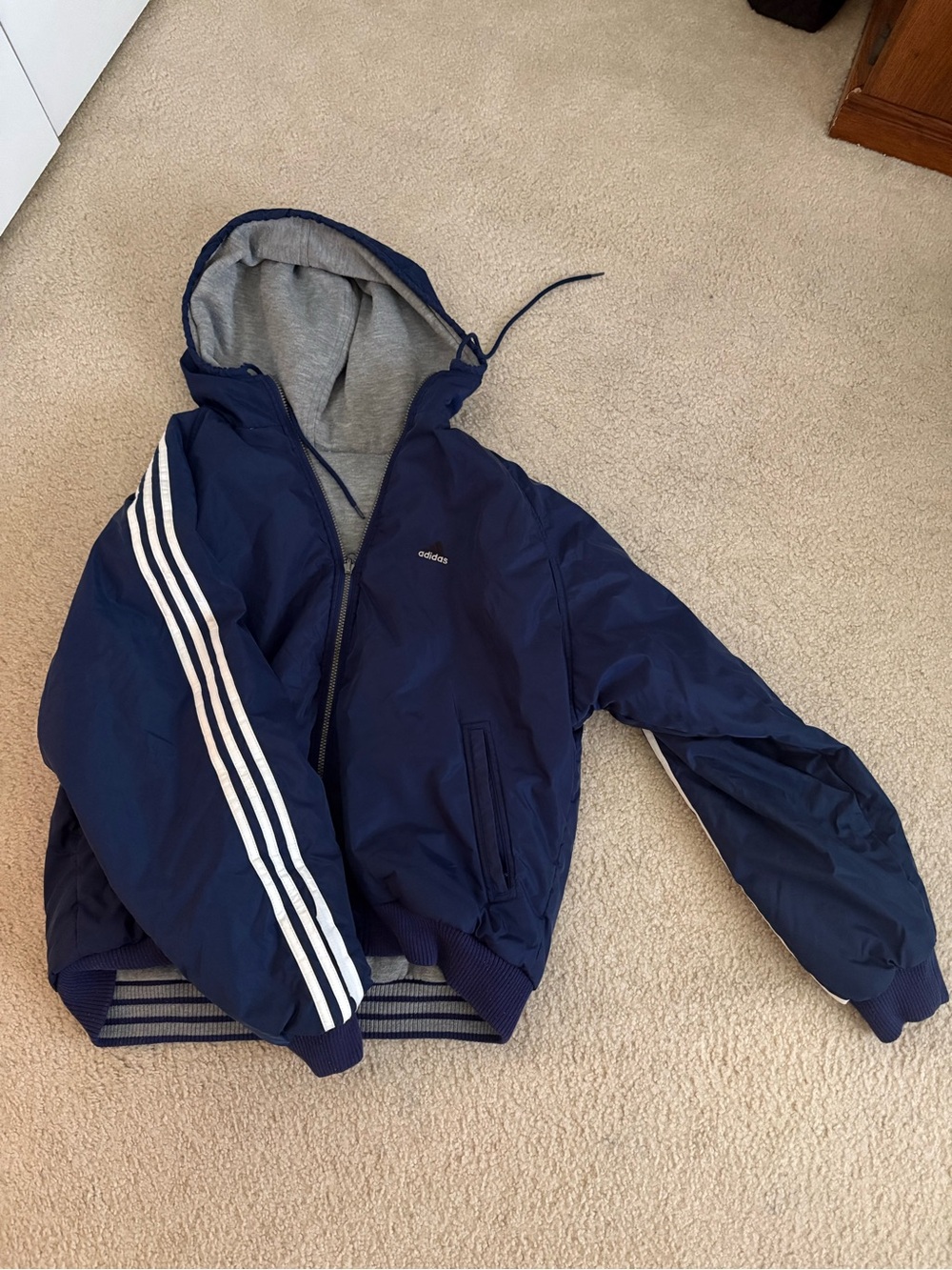 Adidas Navy Hooded Bomber Jacket with White Stripe Sleeves